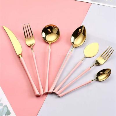 China Viable Cheap 2020 New Gold Flatware Set Red Pink Red Dinner Servers Knife Stainless Steel Spoon Forks And Cutlery for sale