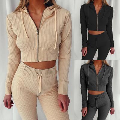 China 2021 women's solid sleeve crop top two piece QUICK DRY two piece hoodie sports sets long plus size set women clothing for sale