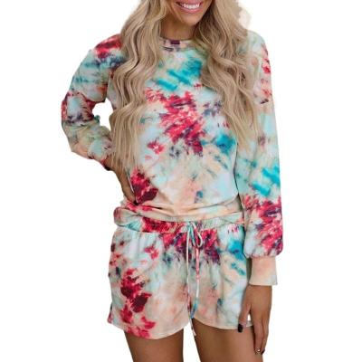 China New Style QUICK DRY Women Washed Irregular Tie Dye Long Sleeve Sweatshirt And Shorts Set for sale