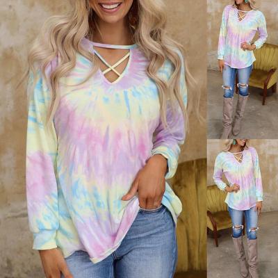 China New QUICK DRY Tie Dye Casual Loose Printed Crisscross Neck Long Sleeve Top T-Shirt for sale