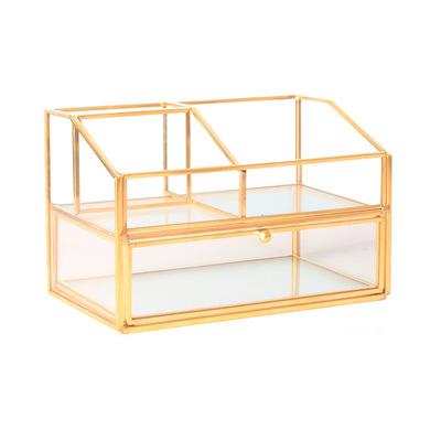 China Luxury Gold Metal Classic Glass Brush Storage Cosmetics Organizer Desktop Perfume Vanity Holder Glass Cosmetics for sale