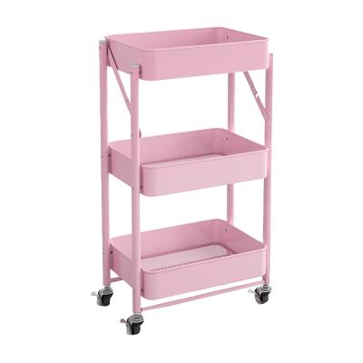 China A Sustainable 3 Tier Rolling Metal Metal Mesh Cart With Lock Pink Rolling Cart e Cosmetic Shelf Bathroom Trolley Utility Cart for sale