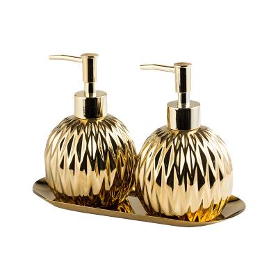 China Sustainable Gold Color Bathroom Accessory Set 350ml Lotion Bottle Ceramic Liquid Soap Dispenser for sale