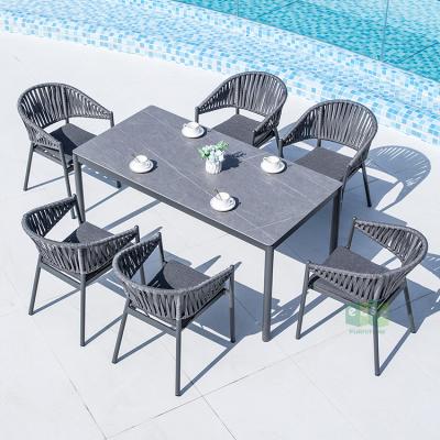 China (E7063+9935) Eco-friendly Outdoor Dining Table And Stackable Woven Rope Chair Furniture Set for sale