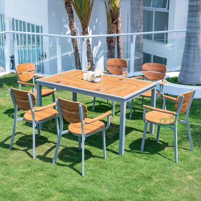 China Large (E7308+9985) Eco-friendly Aluminum Like Wood Outdoor Patio Dining Table And Chairs Set for sale