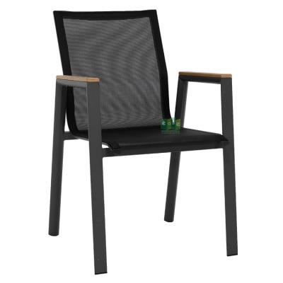 China (E3042) Eco-friendly Aluminum Outdoor Mesh Fabric Dining Stackable Chair With Teak Armrest for sale