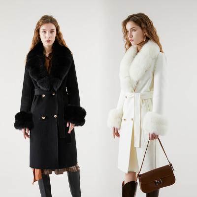 China Anti-Wrinkle Y2K Factory Directly Sell Real Fox Fur Trim High-End Wool Woman Double Breasted Fox Fur Coat for sale