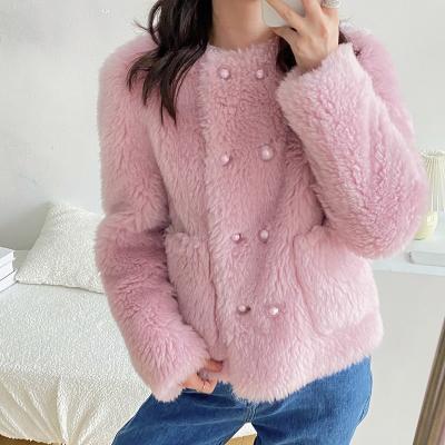 China Lady's Winter Fur Jackets Fashion Long Sleeve Double-breasted Outerwear Shearling Pink Wool Breathable Coat for sale