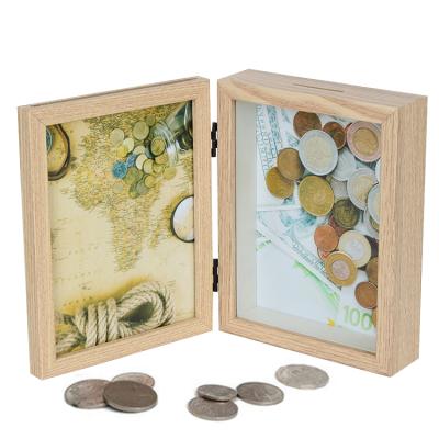 China New Design Eco-friendly 5x7 Shadow Piggy Bank Money Saving Wooden Box for sale