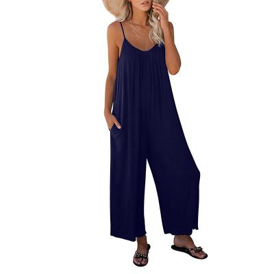 China New Arrival QUICK DRY Custom Flange Solid Long Romper For Fashion Loose U-Neck Wide Leg Ladies Summer Leg Women Jumpsuit for sale