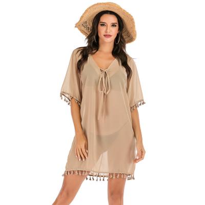 China Plus Size 2022 Hot Selling Women's Elegant Tassel Beach Wear Bikini Swimsuit Chiffon Basics Cover Ups Loose Wholesale for sale