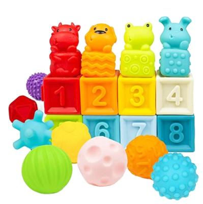 China Soft And Squeezable Baby Soft Stacking Building Block Squeeze Toys , Teething Chewing Bath Toys Textured Sensory Balls for sale