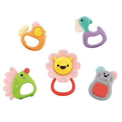 China Soft Toy 0-3 Month Baby Soothes Hand Bell Eco-Friendly Soft Silicone Baby Rattle Set Baby Food Grade Teether Toy And Storage Box for sale