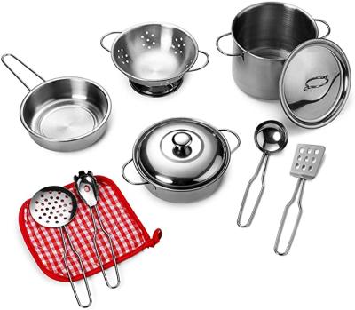 China Metal Stainless Steel Pots and Pans Metal Cookware Play Set for Kids Pretend Metal Kitchen Take Care Toy for sale