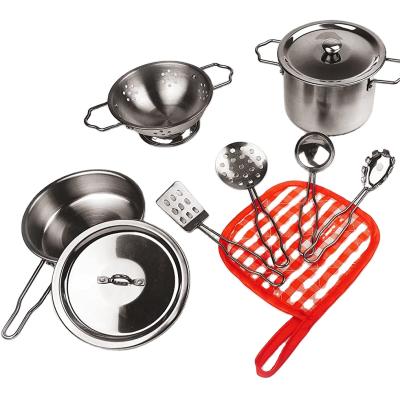 China Kids Mini Stainless Steel Cookware Toy metal set kitchen pots and pans play metal cooking toys set for sale