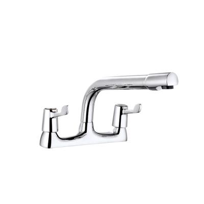 China Others Classic Two Handles Apron Mount Long Neck Brass Kitchen Sink Mixer Tap Faucets for sale