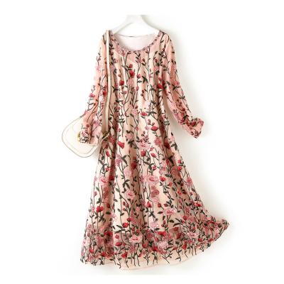 China 100% Autumn Silk Luxury Anti-Wrinkle Dresses Embroidery Long Sleeve Floral Dress for sale