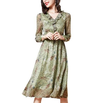 China Anti-wrinkle Ruffled V-Neck 100% Polyester Chiffon Dresses Women Long Sleeves Dress for sale