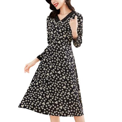 China Anti-wrinkle Beading V Neck Floral Print White Dot Dresses Autumn Women Black Korean Midi Dress for sale