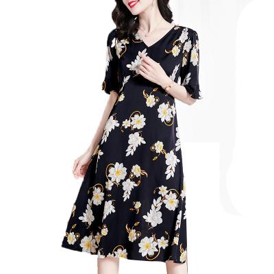 China Anti-wrinkle floral print half sleeve V-neck crepe georgette silk double sleeve dresses silk dress women for sale