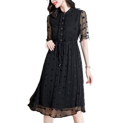 China Anti-wrinkle embroidery heart crepe casual dresses summer 100% natural silk black silk dress for sale