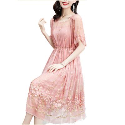 China Women Floral Pink Silk Ladies Dresses Anti-wrinkle Embroidery Silk Elegant Dress for sale