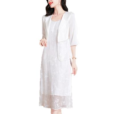 China Silk Style Elegant Two Piece Set Anti-Wrinkle Slip Dress And Jacket White Dresses for sale