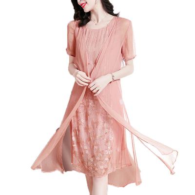 China Anti-wrinkle embroidery silk two piece set dress elegant tippet cardigan open front dresses for sale