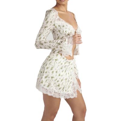 China Anti-wrinkle fashionable long sleeve sexy two piece short set dresses white satin lace dress sets for sale