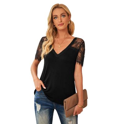 China 2022 Summer Vintage Style V Neck Polyester Lace Shoulder Sleeve Women Anti-pilling T-shirt for sale