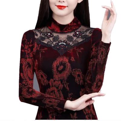 China Anti-wrinkle 2022 fall keep warm women tops T-shirts sheared applique inside brushed beading corset lace tops for sale