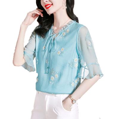 China Drawstring Embroidery Anti-Shrink Floral Luxury Summer Tops Women Natural Silk Tops for sale