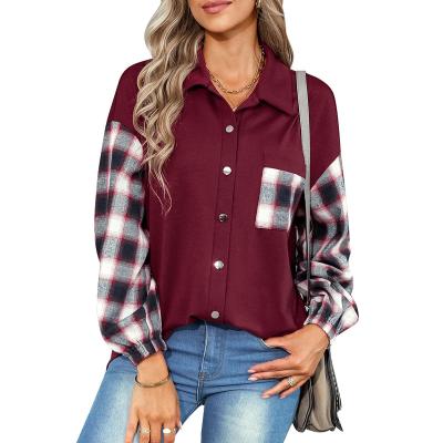 China Contrast color block vintage western plaid women's autumn wear anti-pilling blouse blouses for sale