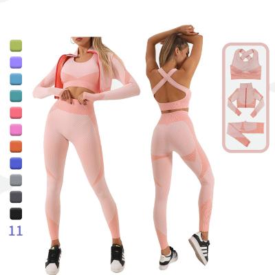 China Breathable Seamless Zipper Up Yoga Elastic Top Bra Winter Rib Autumn Leggings Gym 3 Piece Set Women for sale