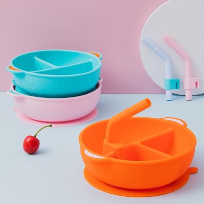 China Sustainable Baby Silicone Dividing Dish With Edible Straw 100% Silicone Material Environmentally Friendly Bowl for sale