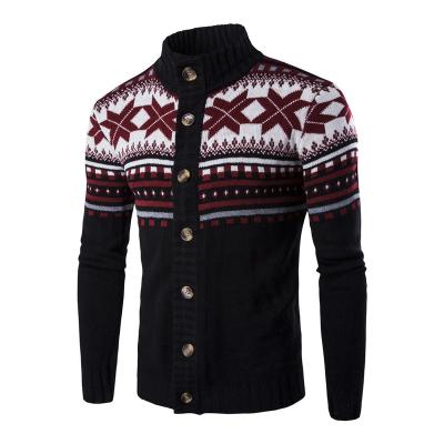 China 2021 New Style Hot Men's Sweater For Winter Turn Down Collar Button Up Knitted Pullover Jacquard Snow Pattern Sweater for sale