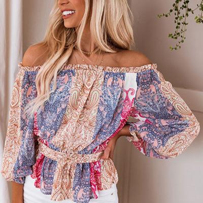 China FanLi Fashion Anti-wrinkle Women Tops And Blouses Bohemian Floral Print Off Shoulder Ruffled Sleeve Buttoned Elegant Shirt Blouses For Women for sale