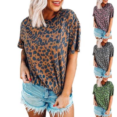 China FanLi 2022 Anti-wrinkle Good Quality Women's Leopard Print Tops Short Sleeve Round Neck T-shirts Casual Tees for sale