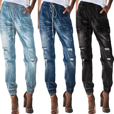 China FanLi QUICK DRY drawstring loose high waisted women's jeans 2021 hole casual jeans for women for sale