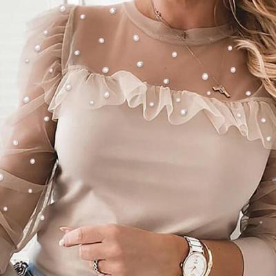 China Anti-pilling FanLi Mesh Women Blouses Lace Up Puff Sleeve Fashion Shirt Elegant Black Summer Spring Female Solid Pearl Beaded Tops for sale