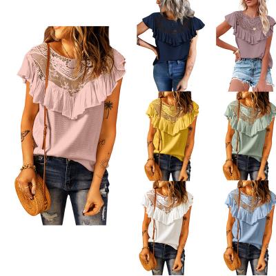 China Anti-pilling FanLi 2022 New Amazon Women's Ruffled Round Neck Lace Tops Quilting Vest Chiffon Shirt Tops for sale