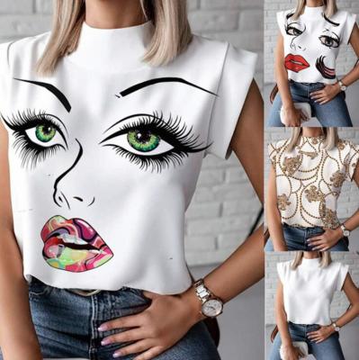 China Anti-pilling FanLi 2022 Custom Printed Cotton Collar T-shirt Sleeveless Lip Printed Women Summer Tops for sale