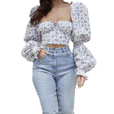 China FanLi 2021 fashion anti-pilling cute shirts for women sheer square printed collar wrapped chest bandage sleeves long casual crop top shirt for sale