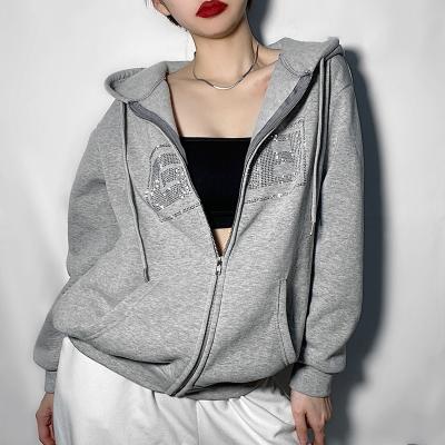 China Anti-wrinkle FanLi 2022 Wholesale White Black Women Fleece Loose Fit Zipper Up Rhinestone Logo Oversize Hoodies for sale