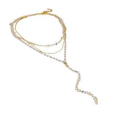 China Fashion Luxury Multilayer Instant Pearl Y-shaped Necklaces Pure Light Diamond Pearl Look Necklace for sale