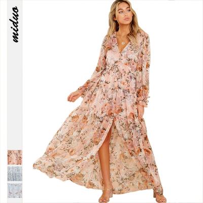 China Anti-Wrinkle Autumn Clothes V-Neckline With Long Sleeves Button Down Print Midi Swing Beach Women Floral Dresses Ladies Maxis for sale