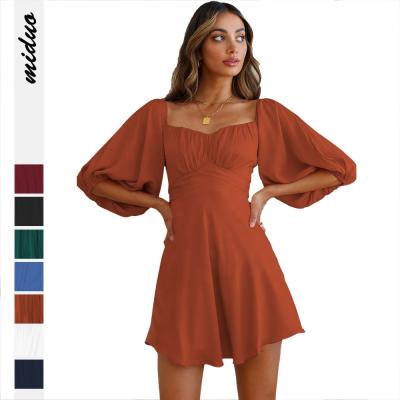 China New Arrivals Breathable Square Neck Half Sleeve Puff Sleeve Elegant Solid Women Off The Shoulder Summer T Shirt Dress for sale