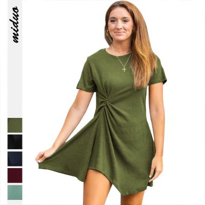 China New Designs Crewneck Women Loose Breathable Solid Short Sleeve Swing Side Knot T-Shirt Dresses Casual Women for sale