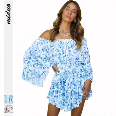 China Women's Breathable Casual Floral Mini Dresses Ruffle Flounces With Sashes Loose Off Shoulder Summer Dress Long Sleeve for sale