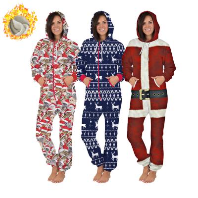 China Womens Winter Fleece Christmas Custom Printing One Piece Breathable Warm Jumpsuit Adult Pajamas for sale